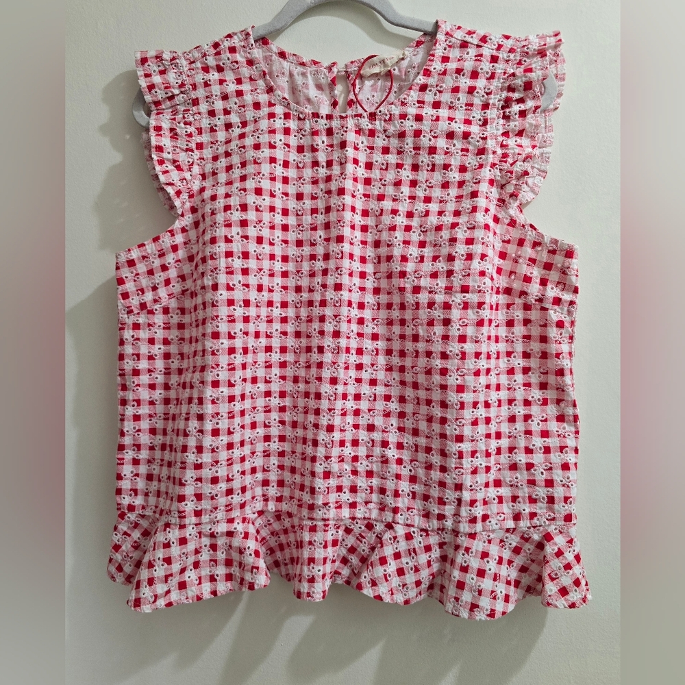 Red & White Checkered Eyelet Top Size L